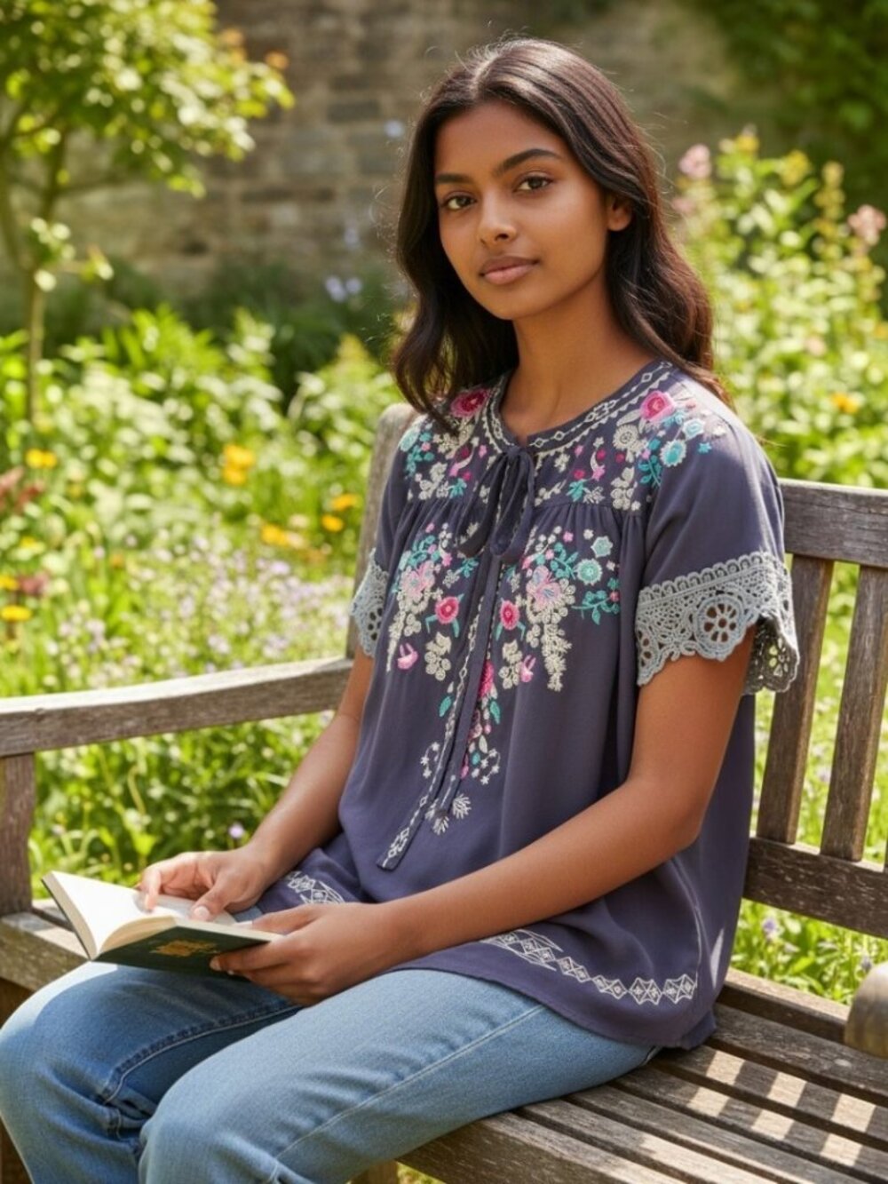 Misslook Boho Floral Embroidered Peasant Blouse with Crochet Lace Sleeves